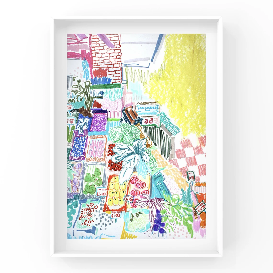 One-of-a-kind fruit market pen illustration | Unique colorful wall art | Spain travel wall art