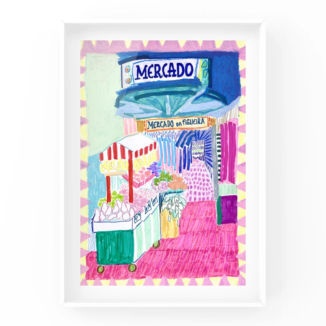 One-of-a-kind fruit market pen illustration in Portugal | Unique colorful wall art | Lisbon travel wall art